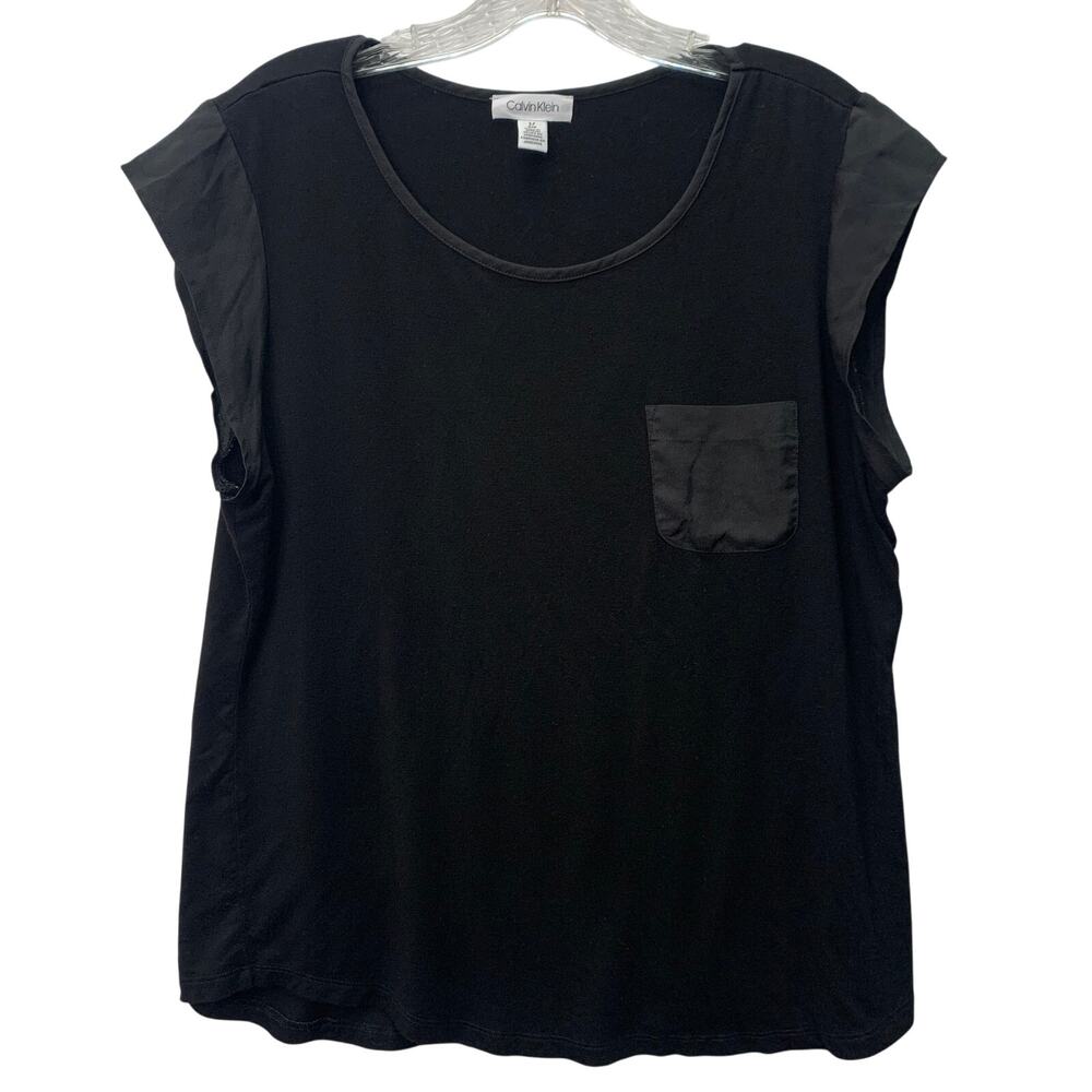 Calvin Klein Womens Medium Black Stretch Semi Sheer Shoulder Blouse TShirt Top